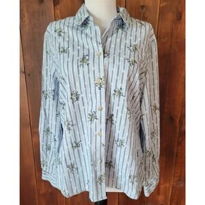 Vintage Tapestry USA Women’s L Sky Blue Floral Button Up Shirt Roll Tab Sleeves